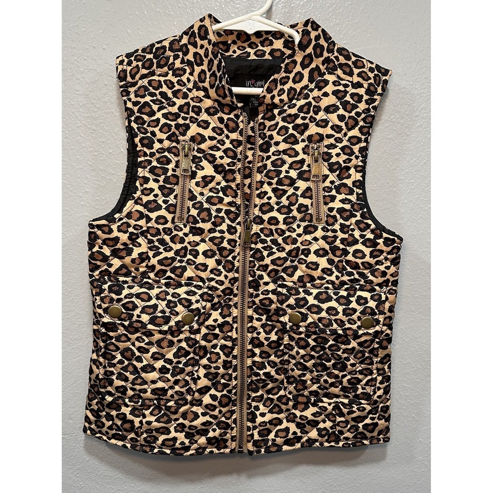 I.N Girl Dillards Vest 10/12 Leopard Print Quilted Puffer Zipper Pockets Lining